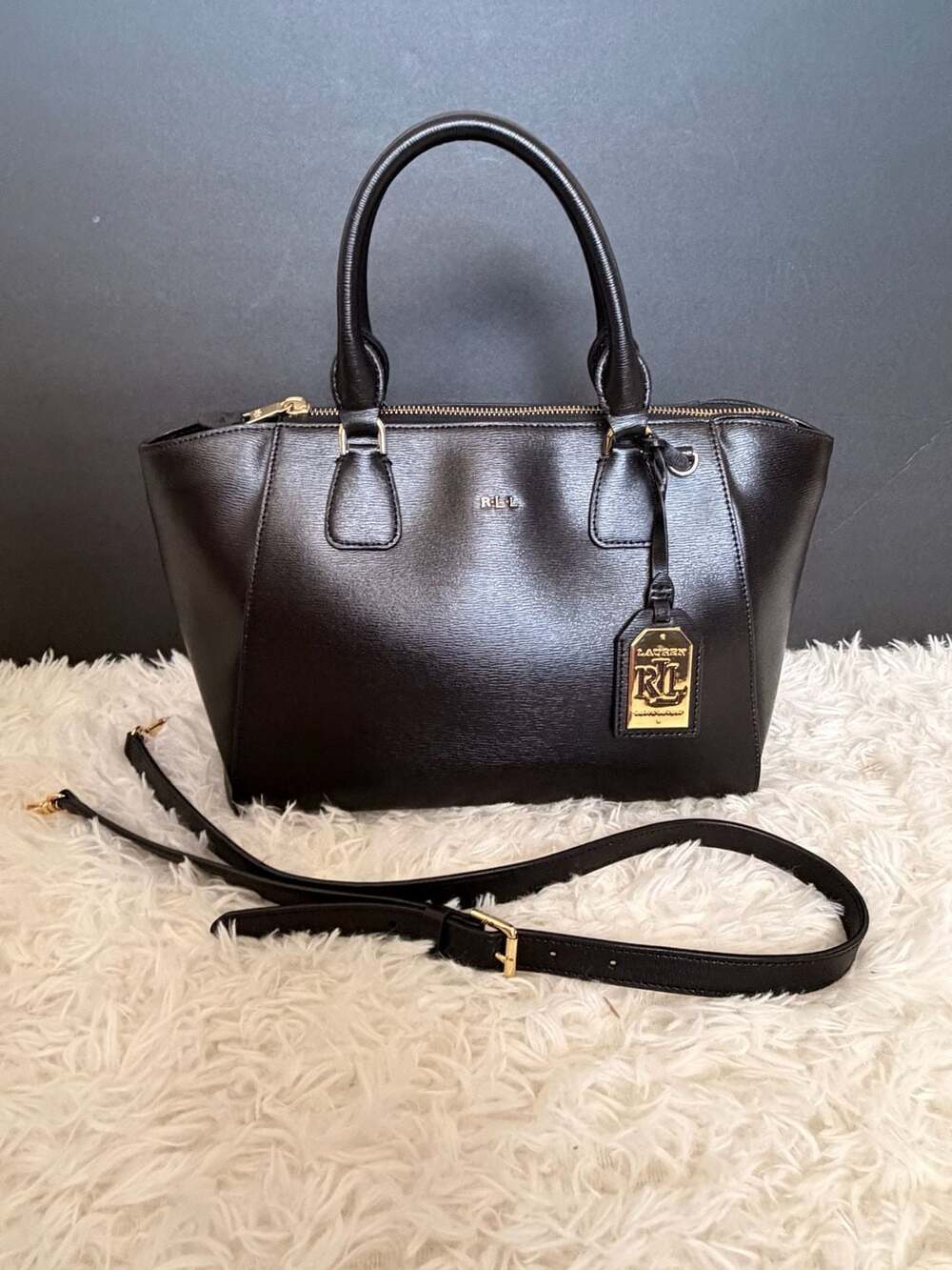 Lauren Ralph Lauren Black Faux Leather Satchel Crossbody Bag